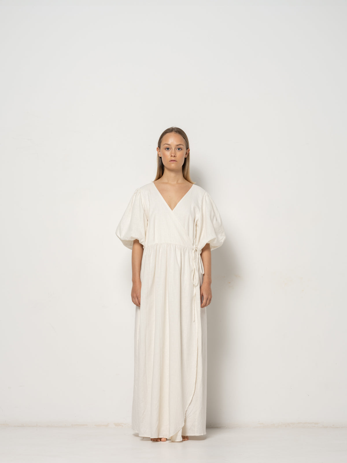 Ida Wrap Puffsleeve Dress - Natural Dye Hemp Organic Cotton