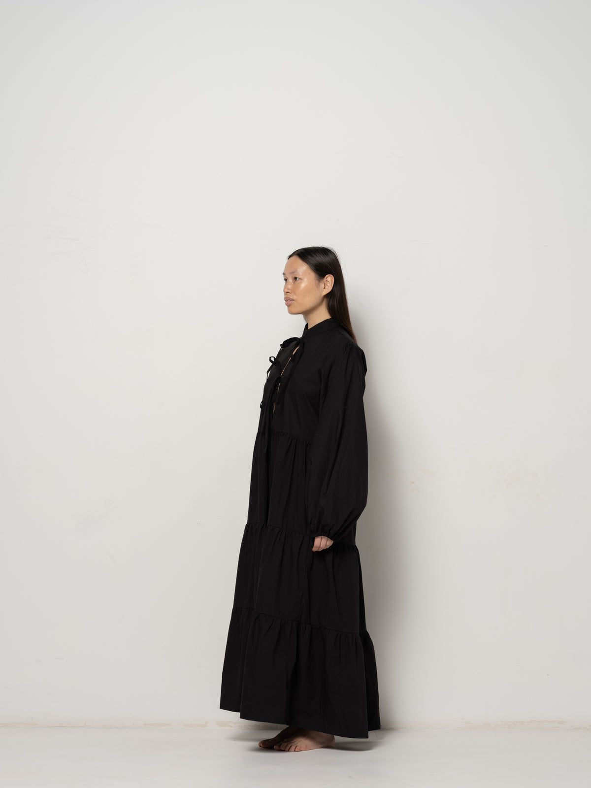 Freja Longsleeve Dress - Black Cotton Poplin Down Proof