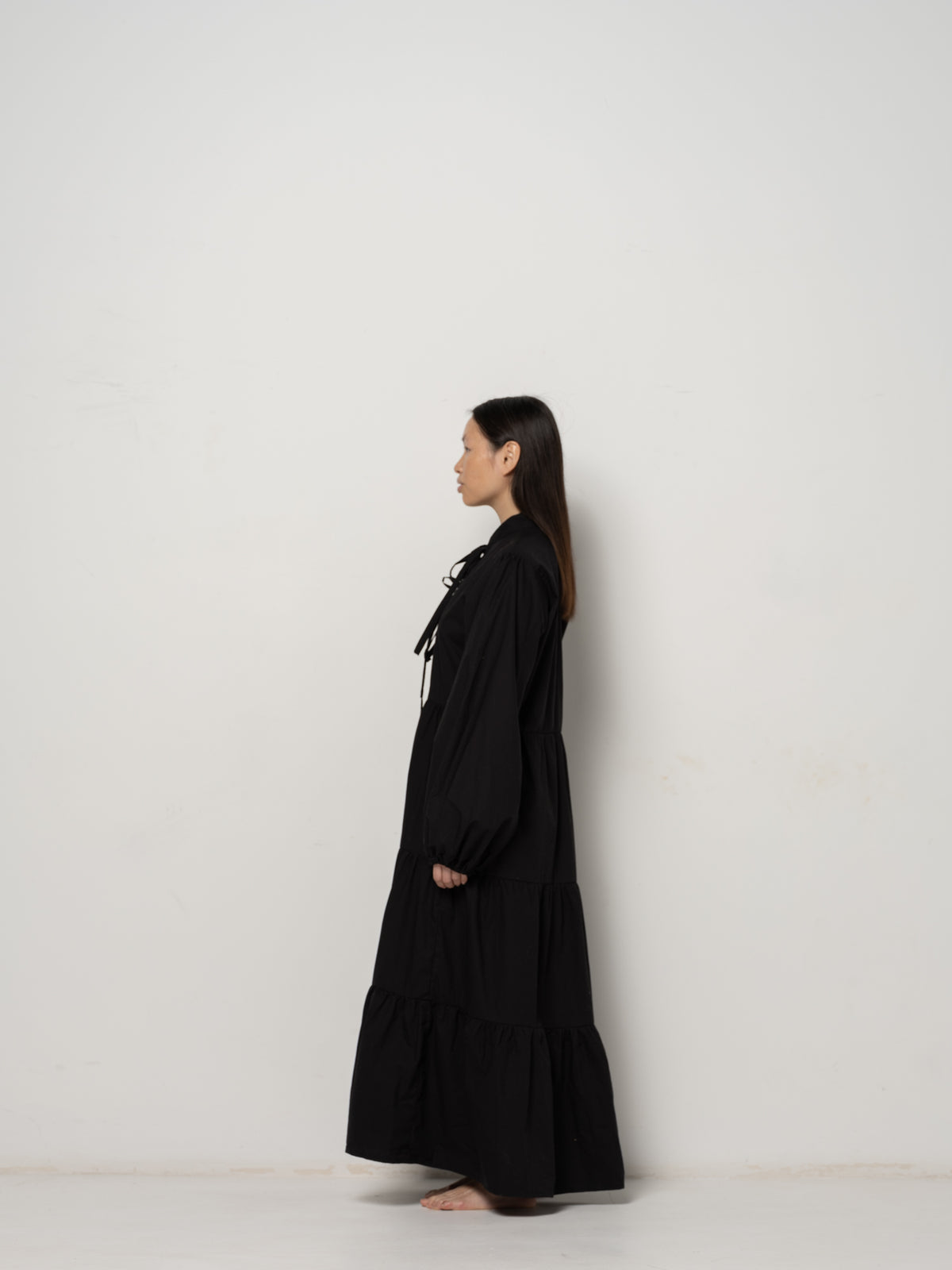 Freja Longsleeve Dress - Black Cotton Poplin Down Proof