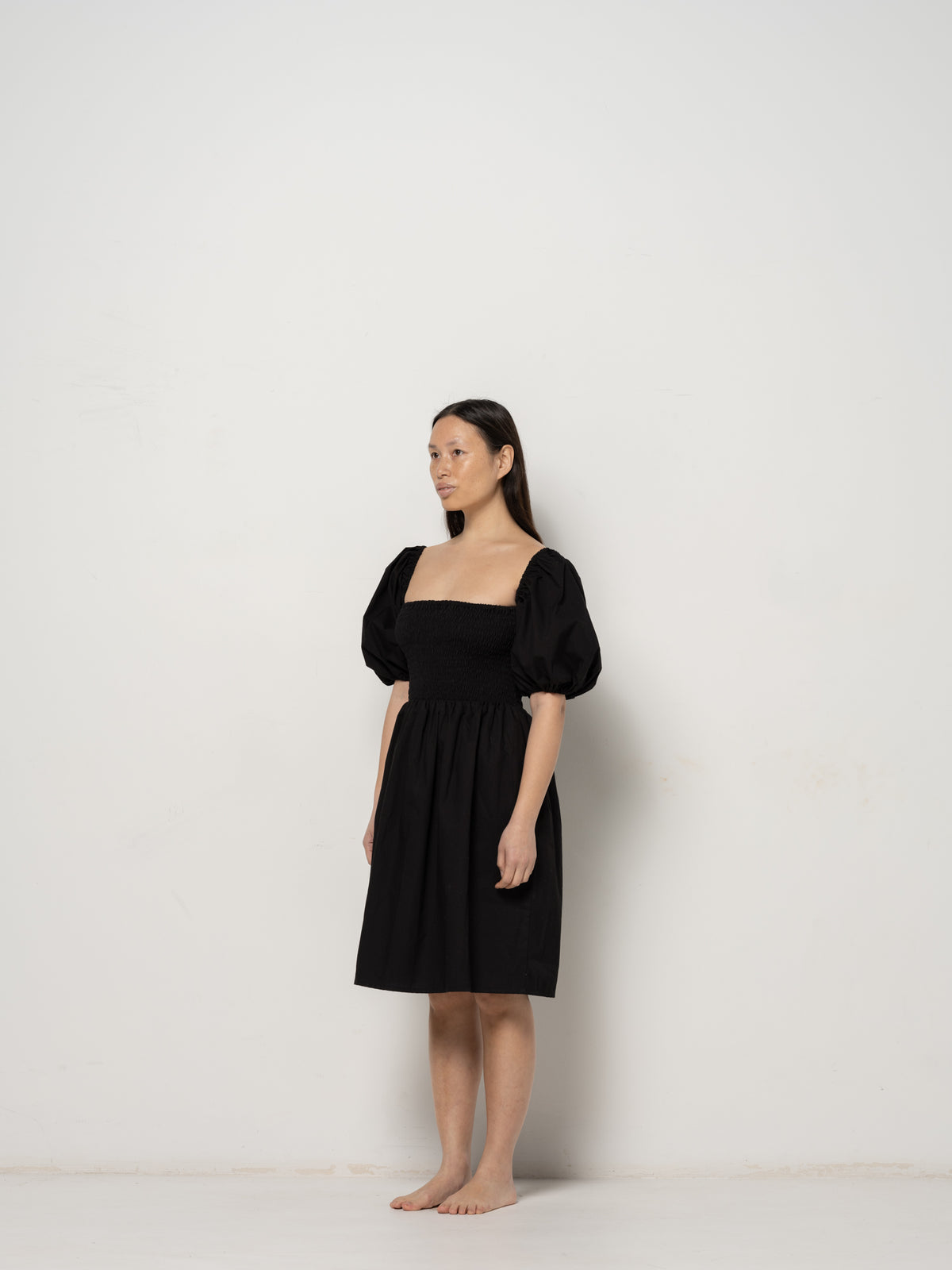 Maja Puff Sleeve Dress - Black Cotton Poplin Down Proof