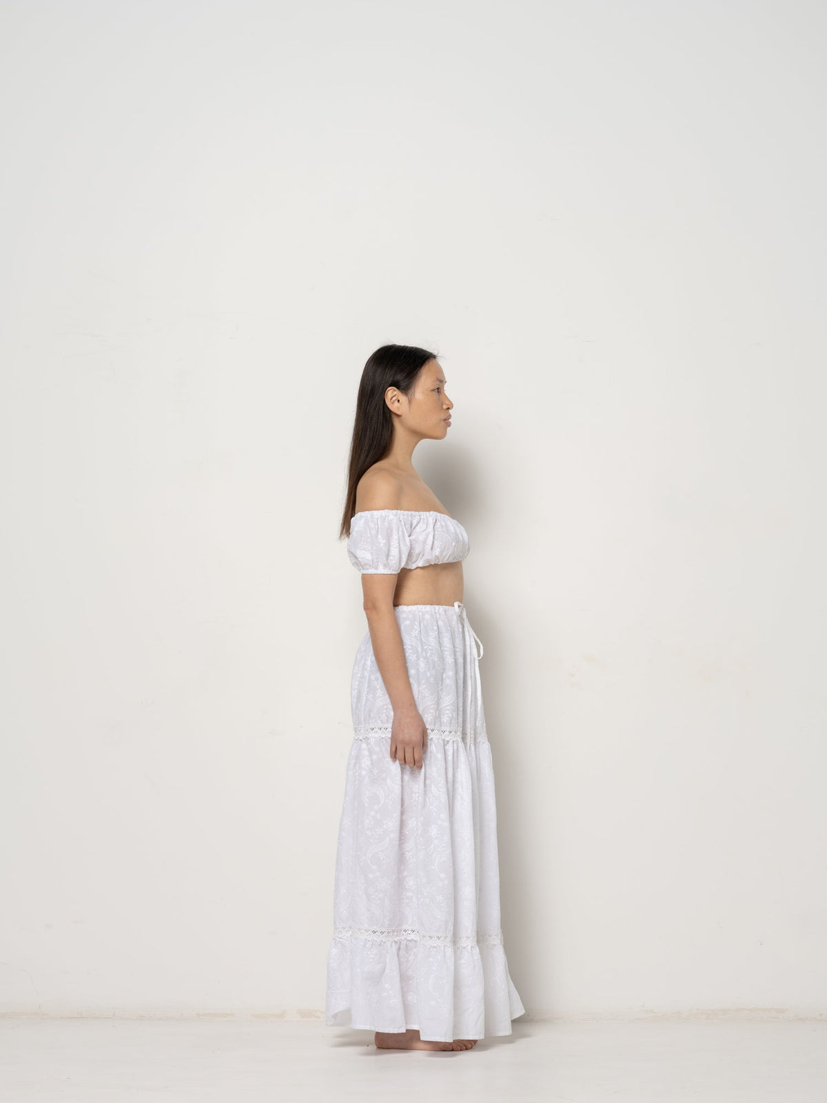 Rose Skirt - White Flowers Embroidery Cotton