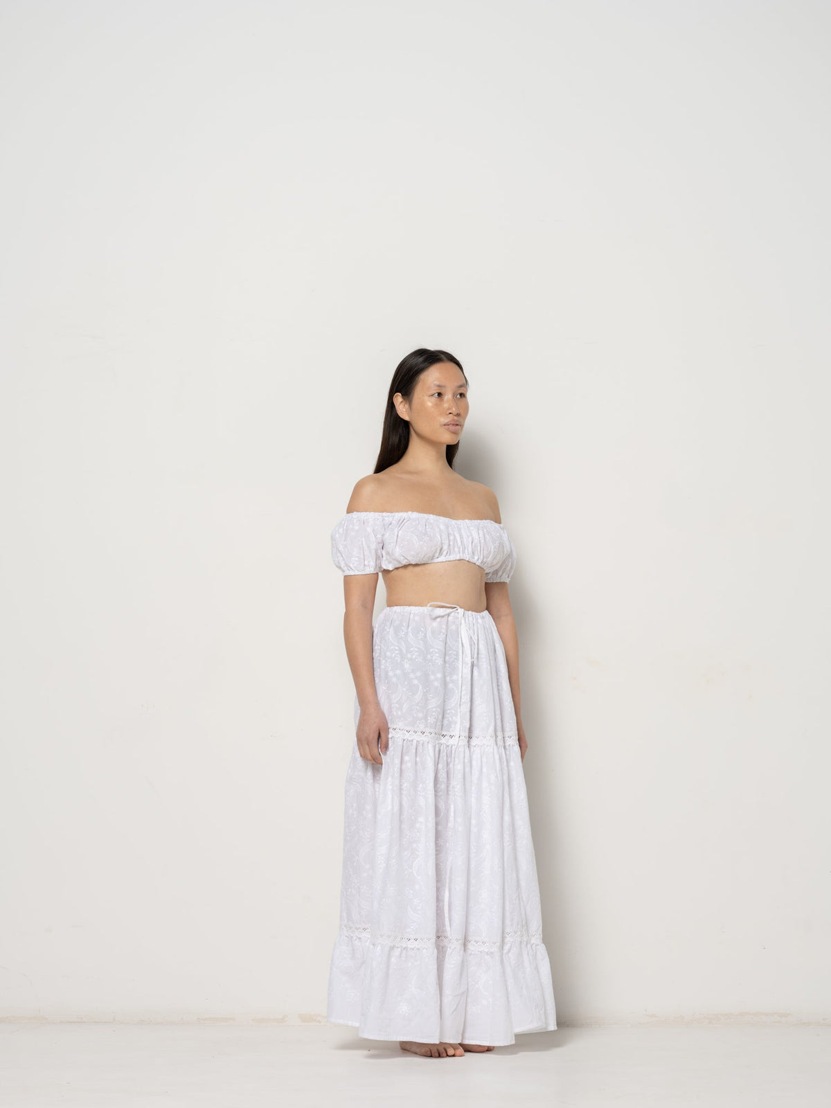 Rose Skirt - White Flowers Embroidery Cotton